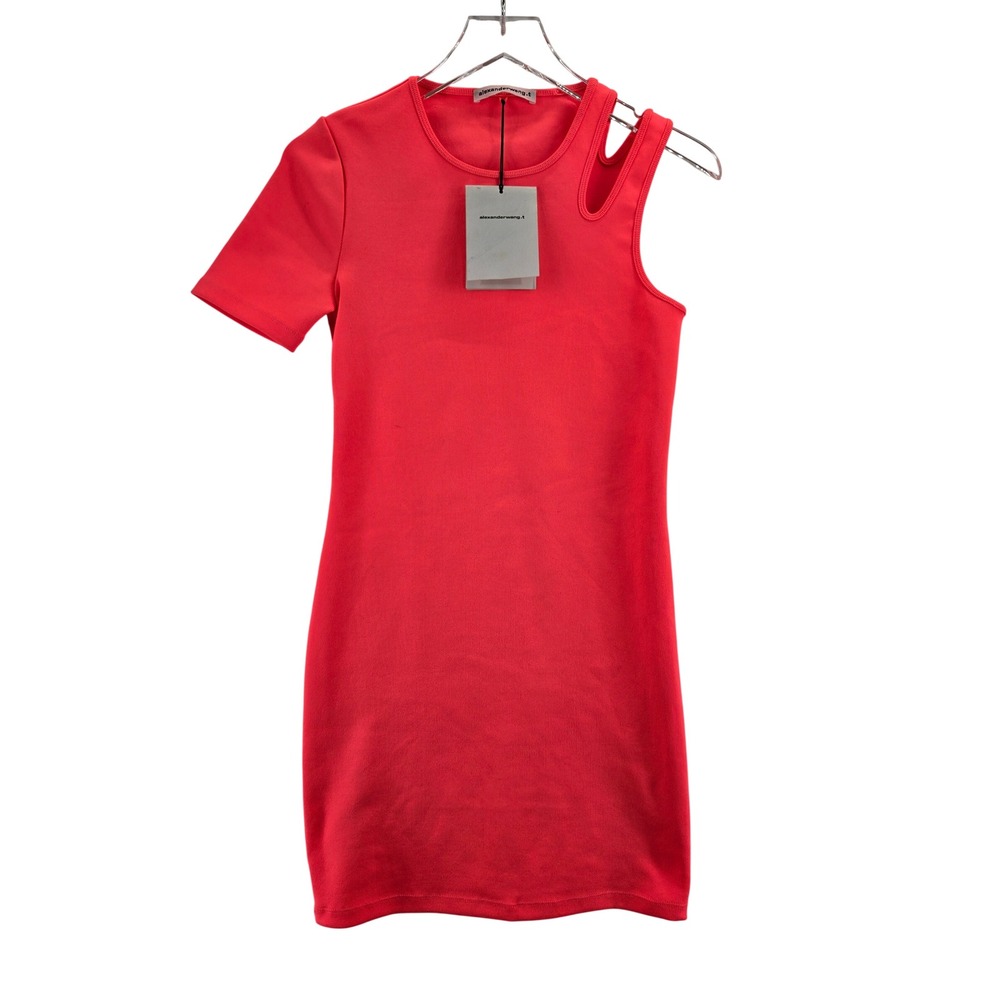 Alexander Wang T Sleek Rib Asymmetric Dress Neon Hot Pink Cut Out Mini NEW M
